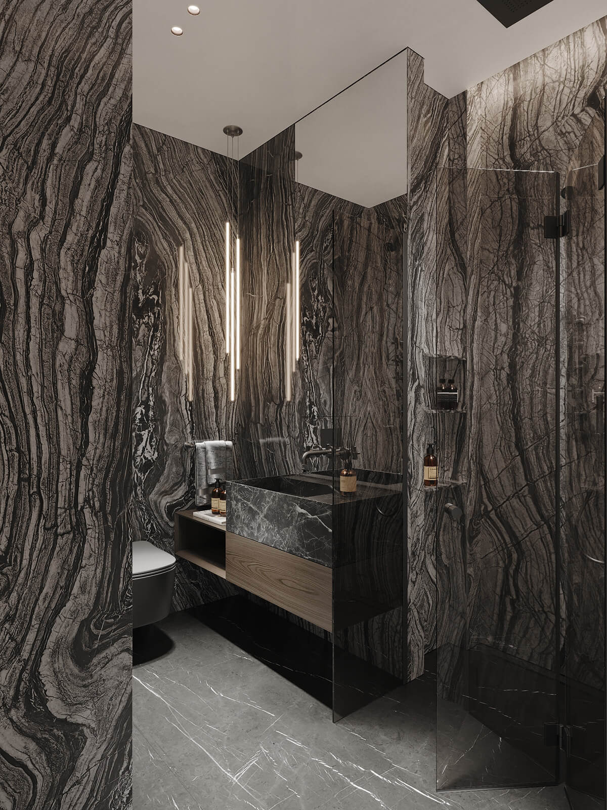 Дизайн маленького санвузла з вдалим розміщенням пральної машини після перепланування.