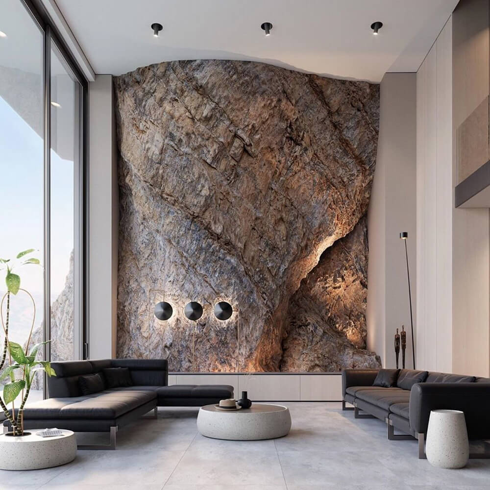 Стіна-скеля в кабінеті: декоративна штукатурка для атмосфери спокою та зосередженості.