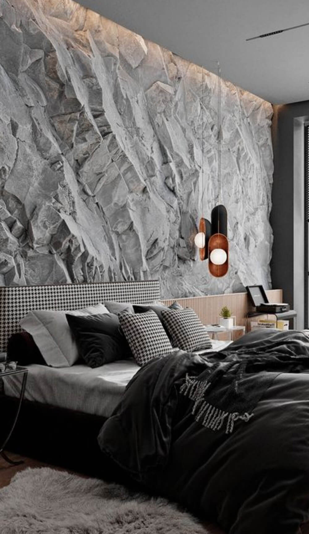 Вологостійка стіна-скеля у ванній: природний дизайн з декоративною штукатуркою.