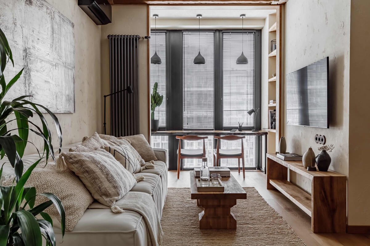 Вабі-сабі вітальня Світла вітальня в стилі вабі-сабі з дерев'яними меблями та мінімальним декором 2026.