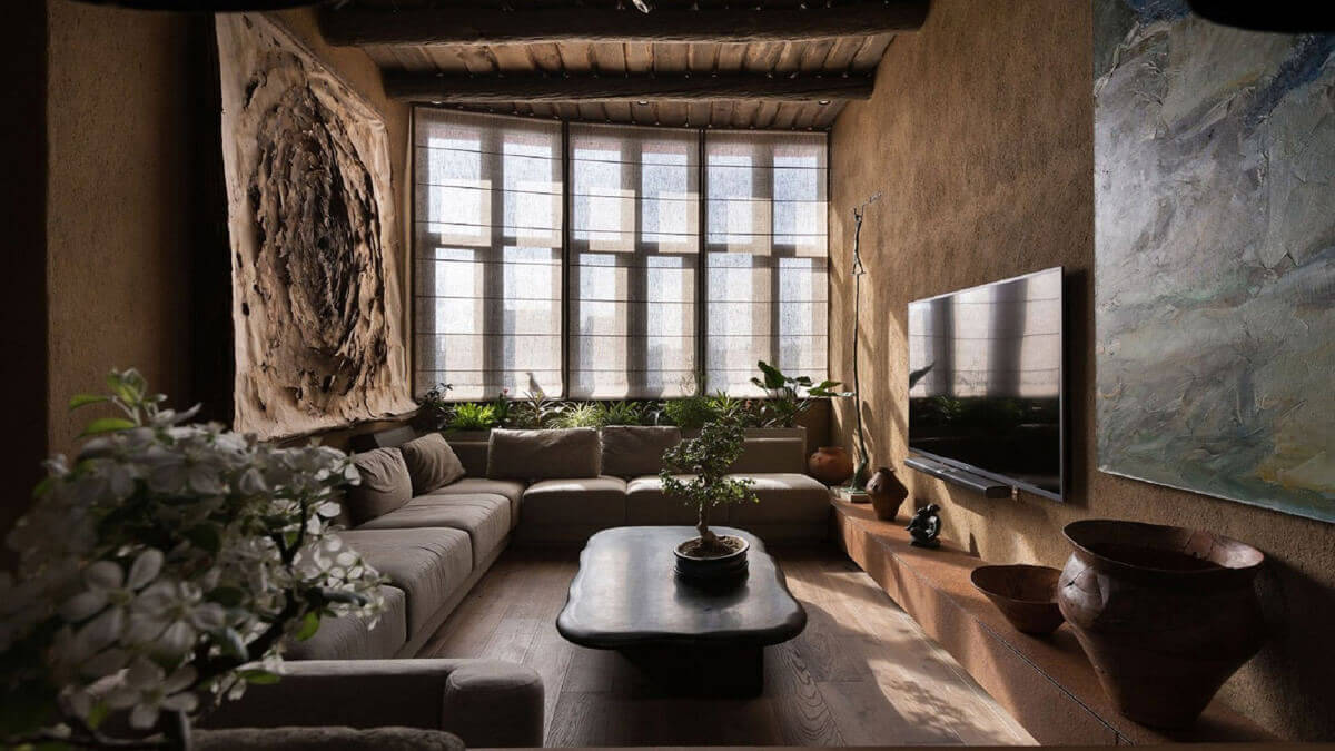 Вабі-сабі вітальня Світла вітальня вабі-сабі з лляними тканинами та керамікою ручної роботи для затишку.