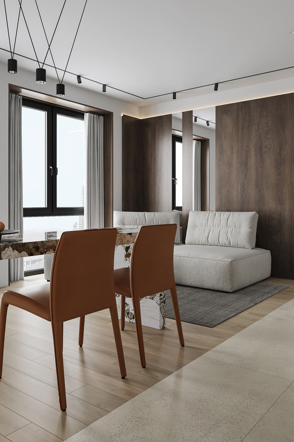 Мінімалістична трекова система освітлення на білій кухні, функціональне освітлення.