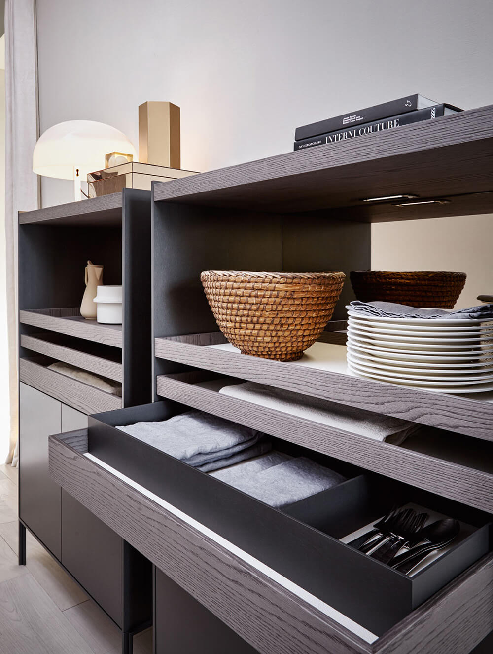 Висувна система для вітальні: зберігання книг, мультимедійних пристроїв та різних речей