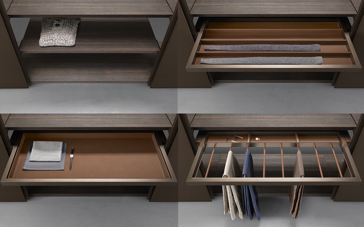Сучасна висувна система у спальні для зберігання білизни, одягу та постільних речей