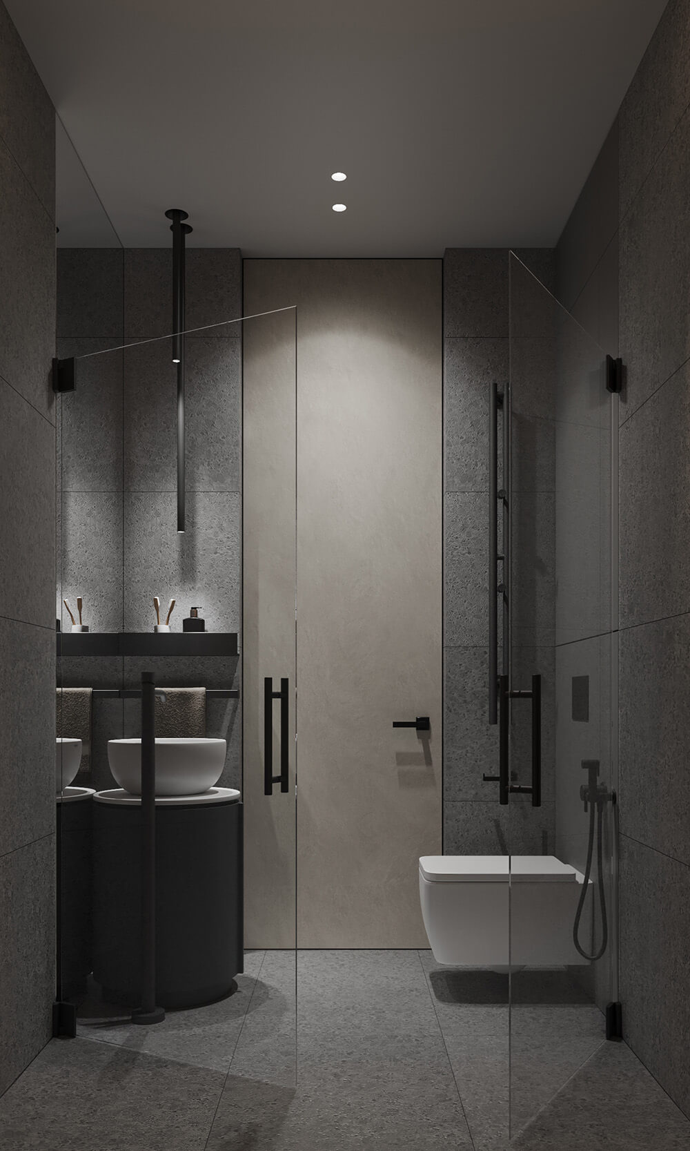 Розкішна ванна кімната Елегантна ванна кімната з високими стелями, великим вікном та окремо стоячою ванною.