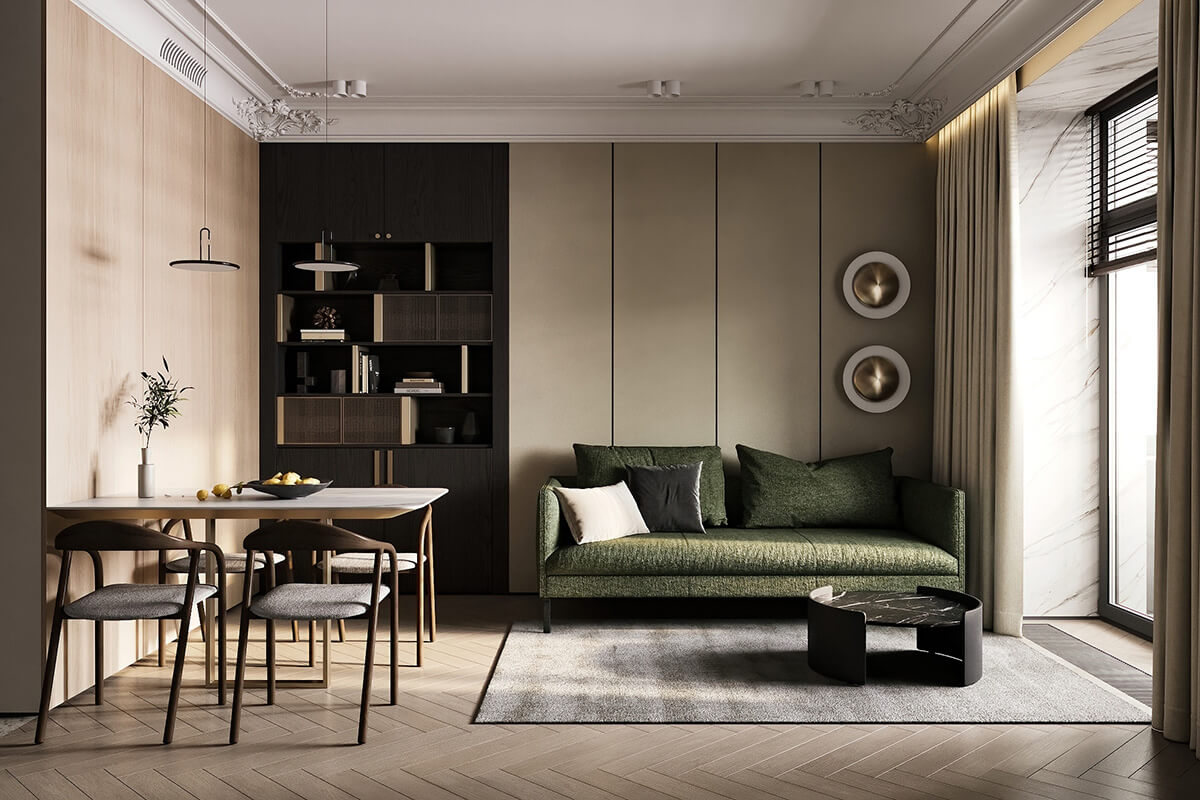 Гармонійний простір вітальні Простора вітальня з високими стелями та мінімалістичним декором у квартирі.