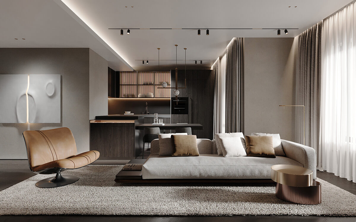 Сучасна кухня з островом Сучасна кухня-вітальня з високими стелями, кухонним островом та підвісними світильниками.