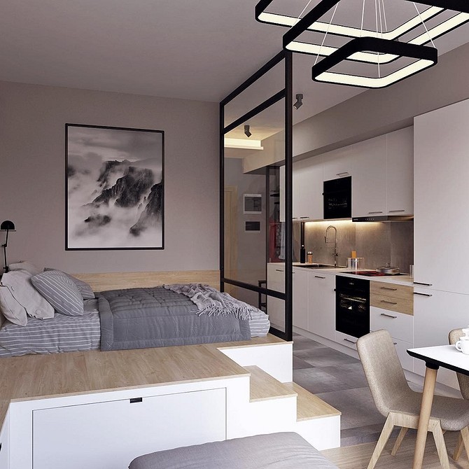 Подіум: шухляди Подіум з вбудованими шухлядами для зберігання речей в маленькій квартирі 2026.