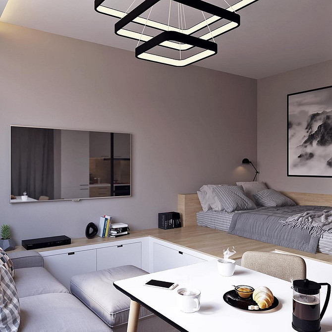 Спальня з подіумом Інтер'єр спальні 2026 з подіумом для ліжка та тумбочок, оптимізуючи простір.