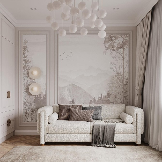 Інтер'єр сучасної спальні з білими меблями та яскравим килимом на підлозі.