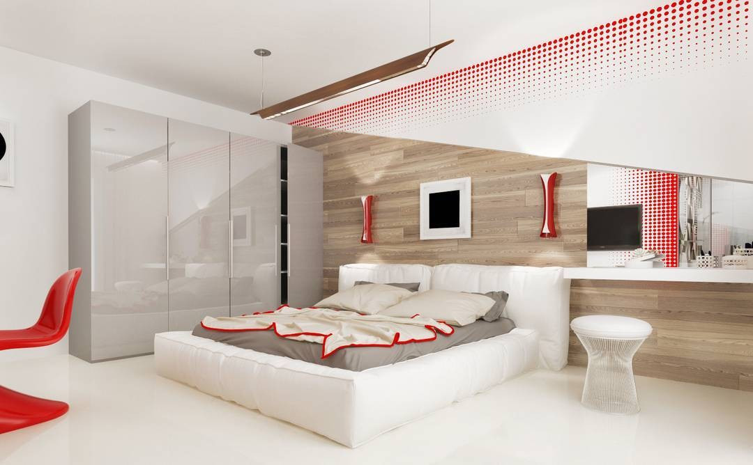 Інтер'єр спальні з білими меблями та використанням синього кольору в оформленні стін