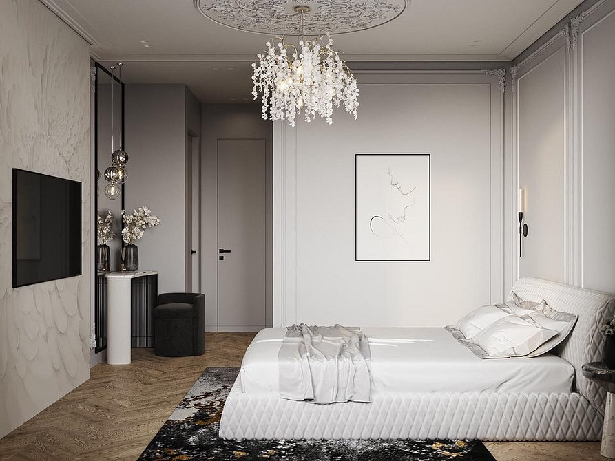 Дизайн спальні з білими меблями та килимом з геометричним візерунком для акценту