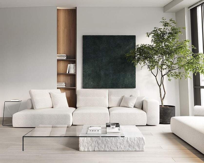 Бежевий диван в інтер'єрі вітальні з декоративними подушками та килимом у 2026