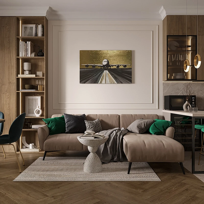 Сучасний інтер'єр вітальні з бежевим тканинним диваном, килимом та живими рослинами у 2026