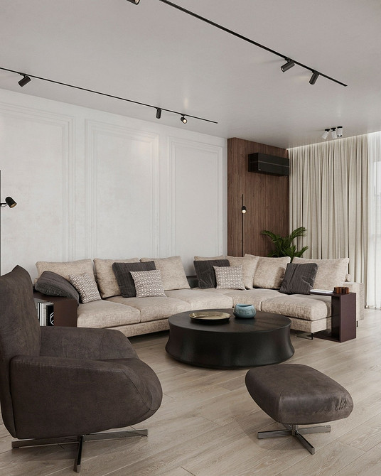 Мінімалістичний бежевий диван Мінімалістичний бежевий диван, що доповнює сучасний дизайн інтер'єру, створюючи відчуття простору.