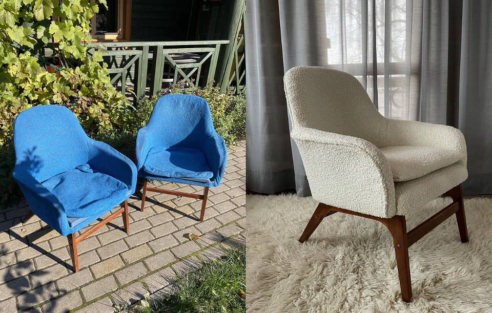 Старе крісло отримало нове життя завдяки реставрації та перетяжці.