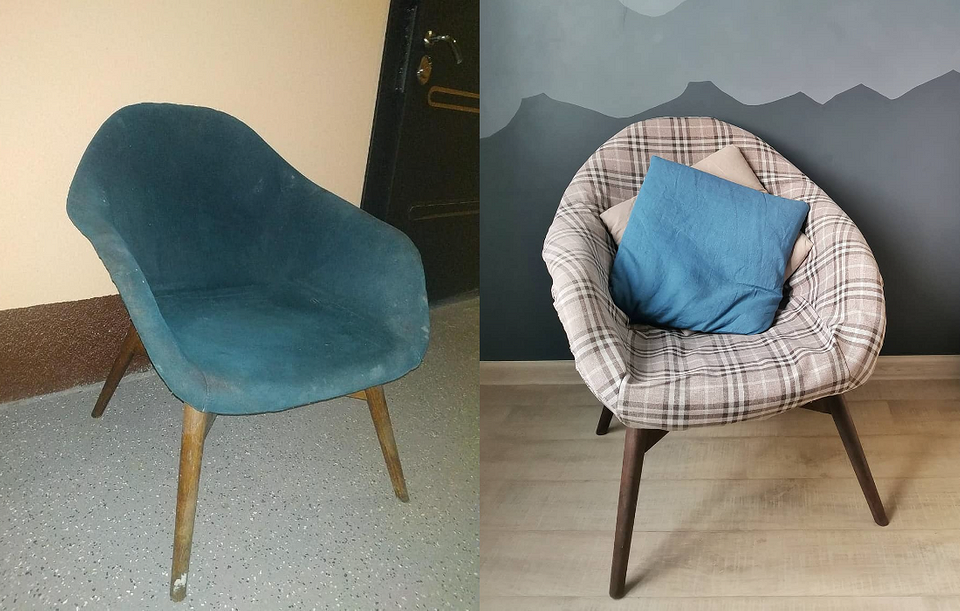 Відновлене крісло після перетяжки: реставрація старих меблів букле.