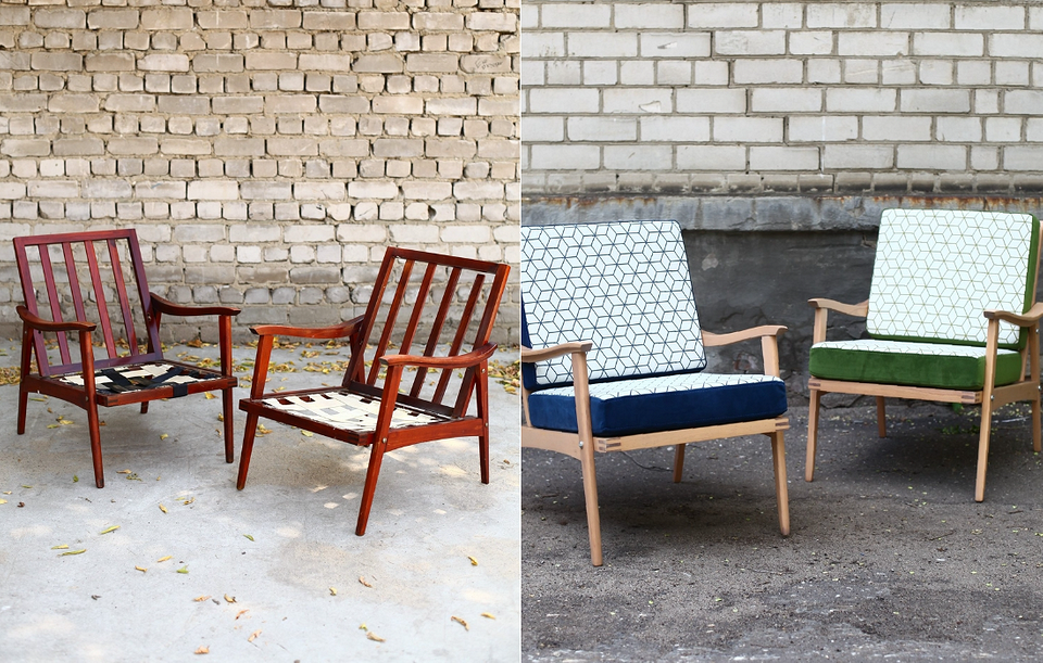 Приклад відновлення старого крісла: реставрація, нова оббивка та ротанг.