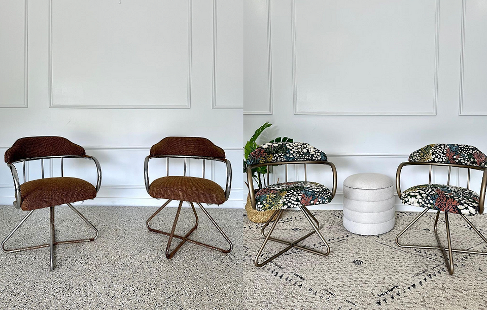 DIY реставрація стільця: оновлений стілець з використанням яскравої тканини та фарби