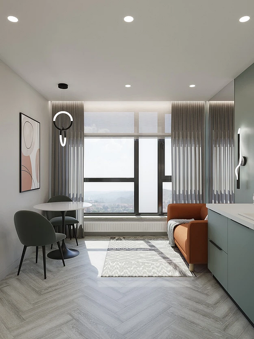 Яскравий кухонний диван стає центральним елементом інтер'єру, додаючи кухні індивідуальності та характеру.