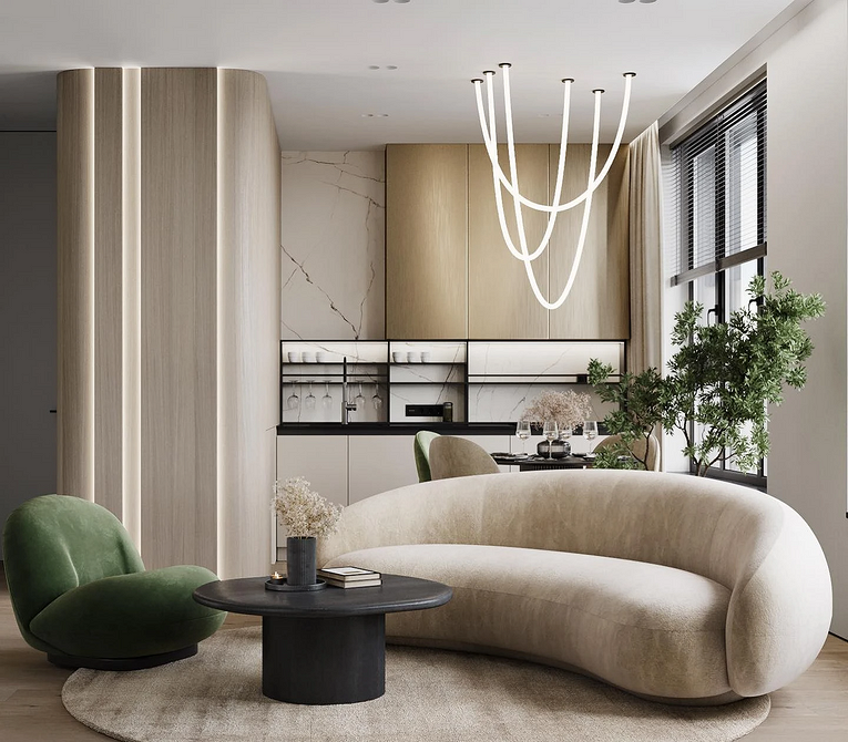 Сучасний монохромний дизайн вітальні: текстильний диван, чорні елементи декору.