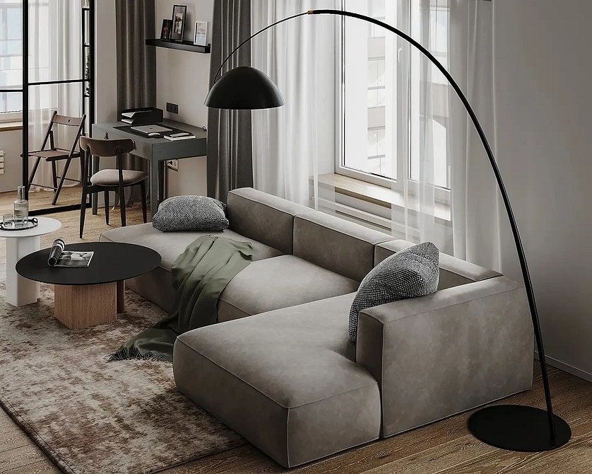 Великий диван у вітальні, сучасний дизайн інтер'єру в мінімалістичному стилі.