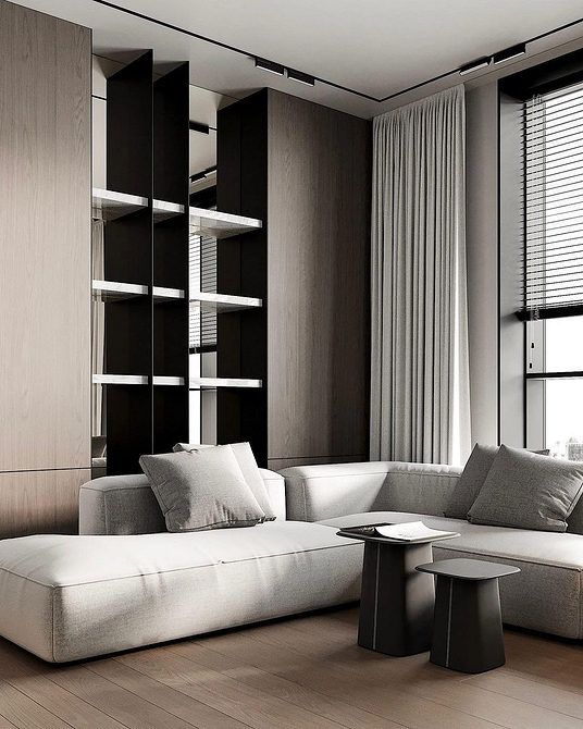 Великий диван у вітальні в стилі мінімалізму, дизайн інтер'єру з акцентом на простір.