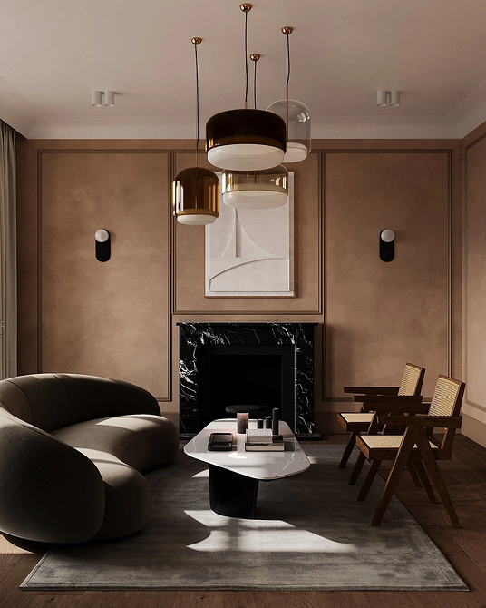 Елегантний монохромний інтер'єр вітальні з великим кутовим диваном та мінімалізмом.