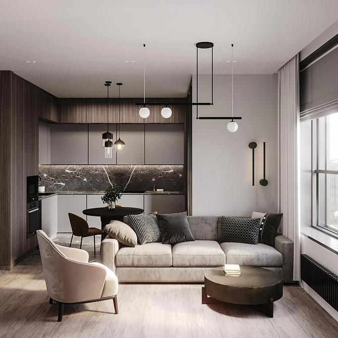 Затишний монохромний диван з плавними лініями у мінімалістичному дизайні вітальні.