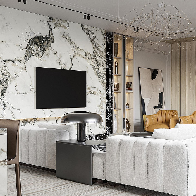 Сучасний великий диван у вітальні, елегантний дизайн інтер'єру з використанням функціональних меблів.