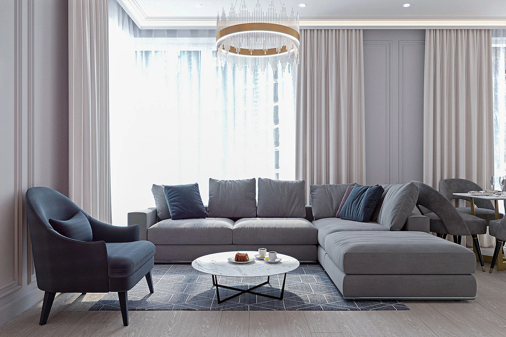 Функціональний великий диван у вітальні, дизайн інтер'єру, зручність та практичність.