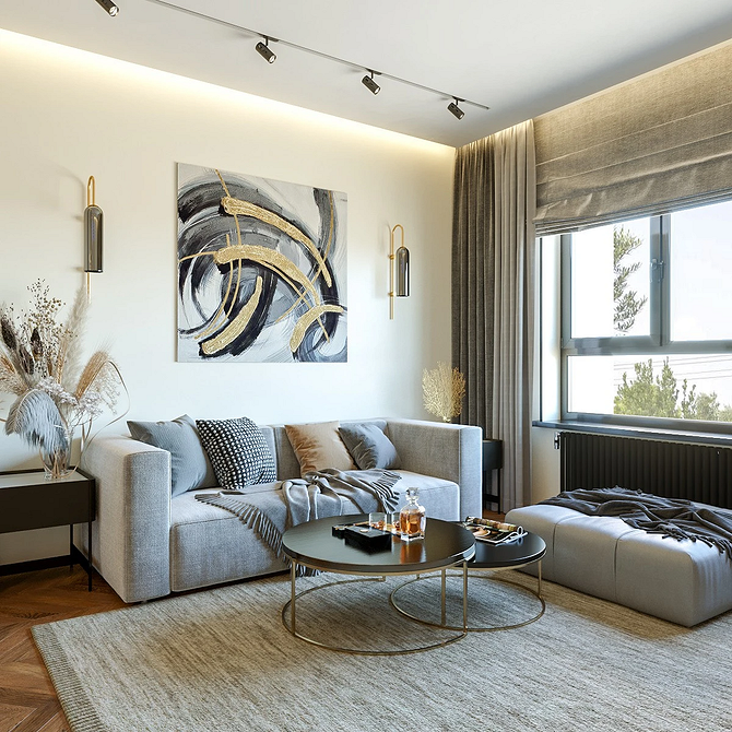 Інтер'єр вітальні з великим диваном, журнальним столиком та килимом, сучасний дизайн.