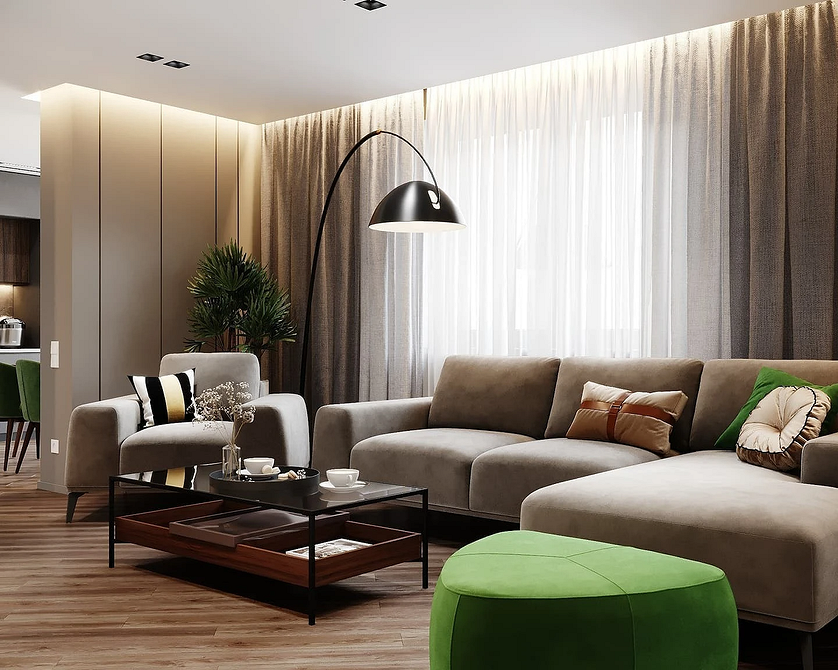 Невеликий диван в сучасній вітальні, вибір м'яких меблів для малогабаритного простору.