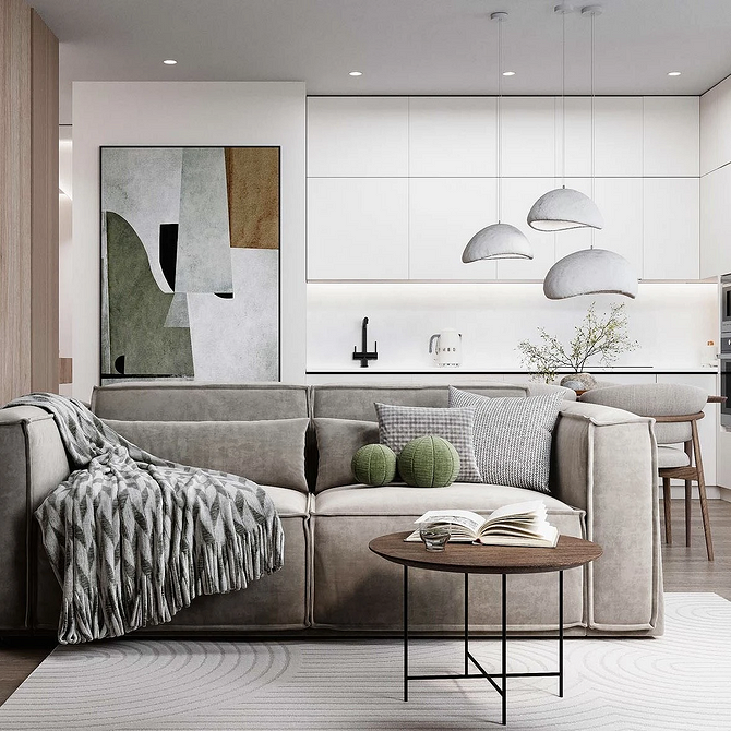 Сірий диван: сучасна оббивка Сучасна вітальня з великим темно-сірим диваном: оббивка та подушки