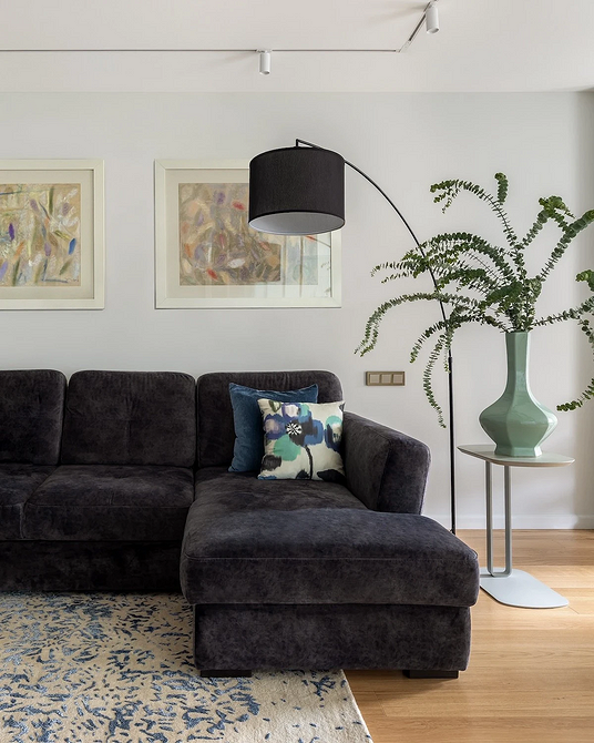 Шкіряний темний диван Вишуканий темний шкіряний диван в інтер'єрі вітальні з килимом