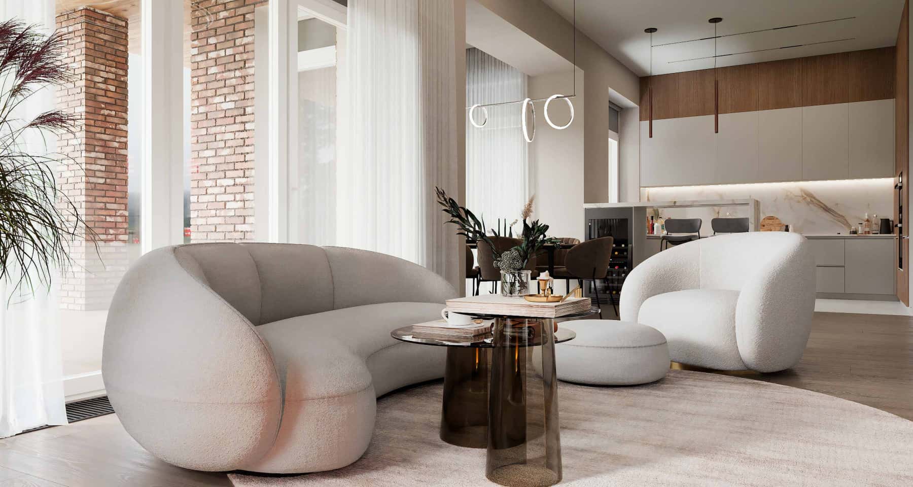 Сучасний інтер'єр з панорамними вікнами та дерев'яним оздобленням в еко стилі.