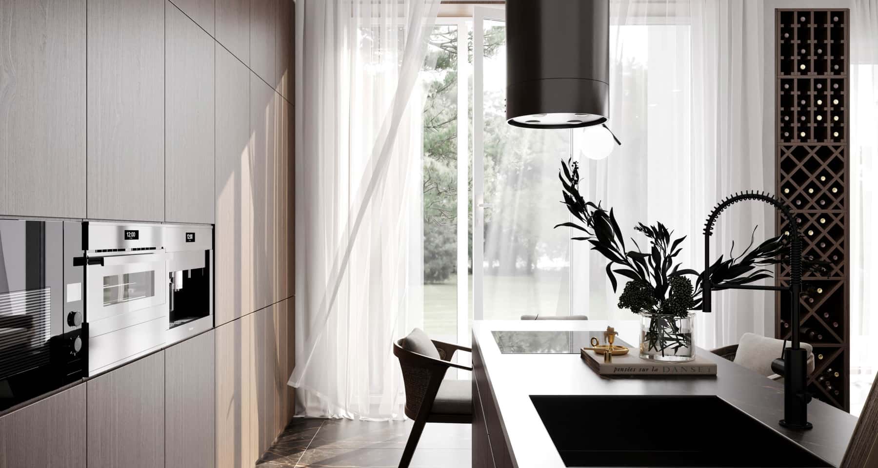 Робочий кабінет з панорамними вікнами, сучасний інтер'єр, чудове освітлення.