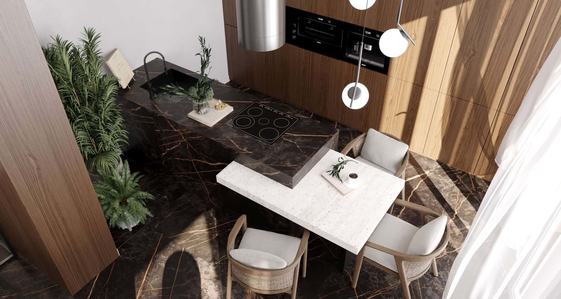 Простора їдальня з панорамними вікнами та видом на ліс, елегантний дизайн котеджу.