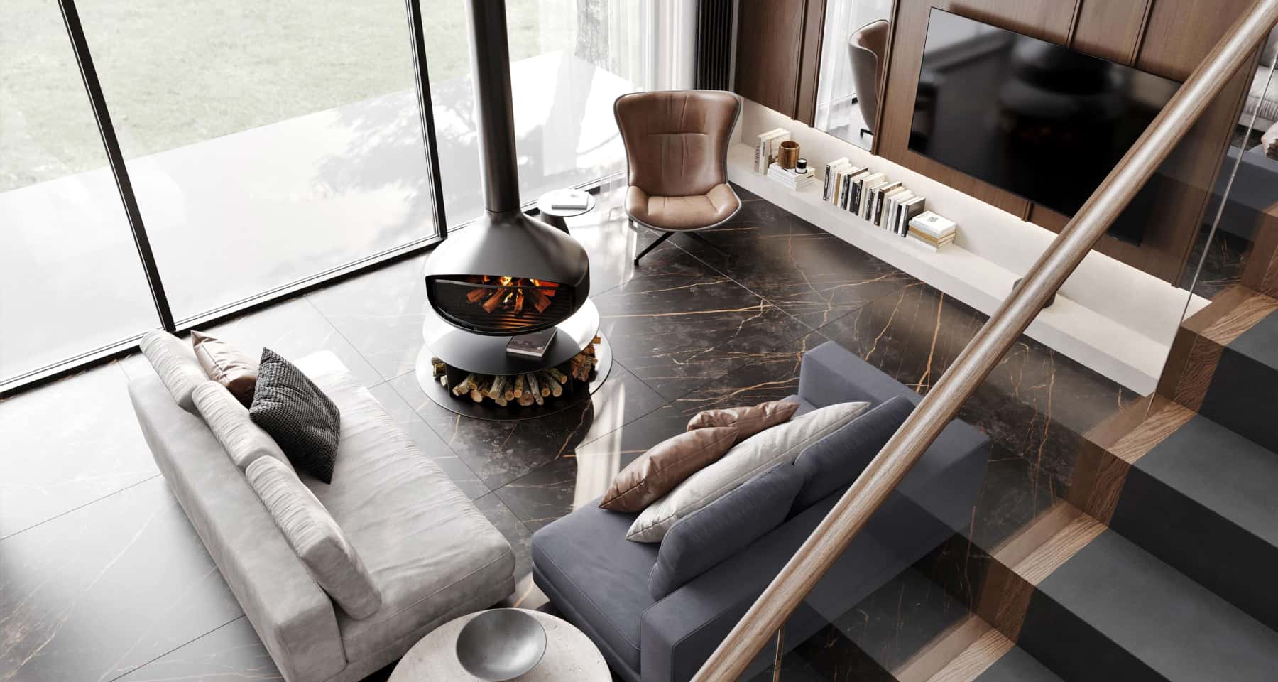 Кухня-вітальня з панорамними вікнами, акцент на краєвид, стильний інтер'єр.