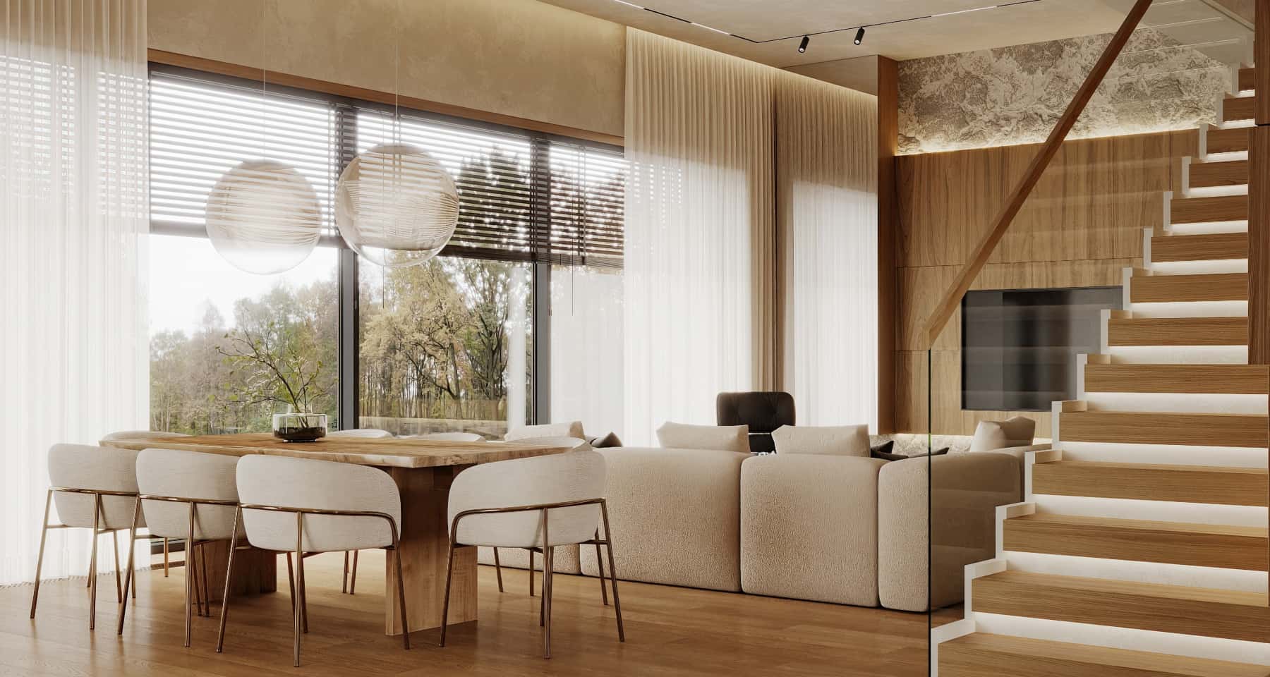 Вітальня з видом Дизайн вітальні з панорамними вікнами та видом на природу в сучасному стилі.