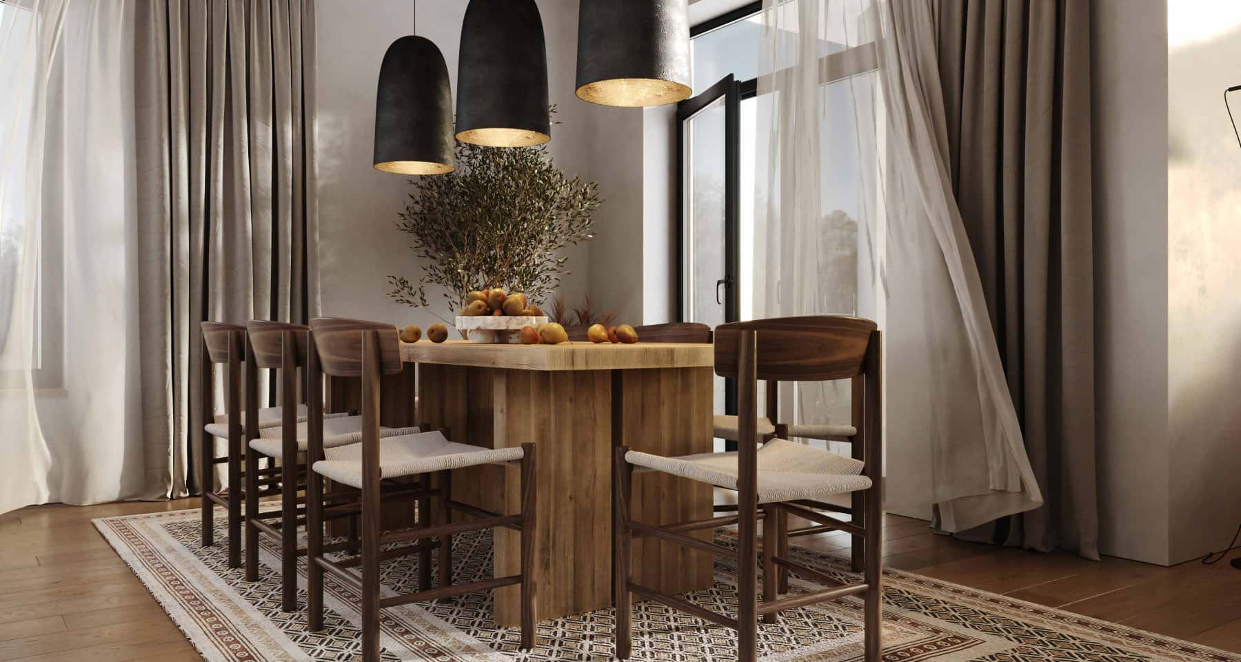 Сучасний дизайн цегляного будинку з панорамними вікнами, що відкривають краєвид на природу.