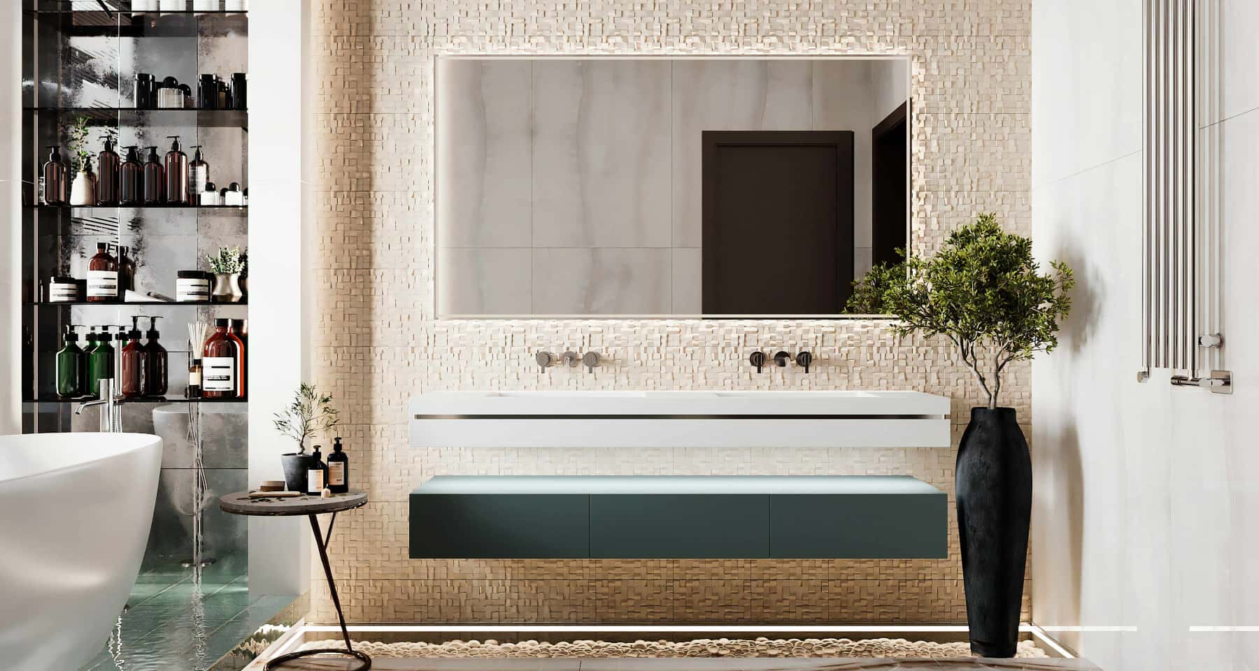 Інтер'єр з панорамними вікнами та каміном, що створює затишну атмосферу.