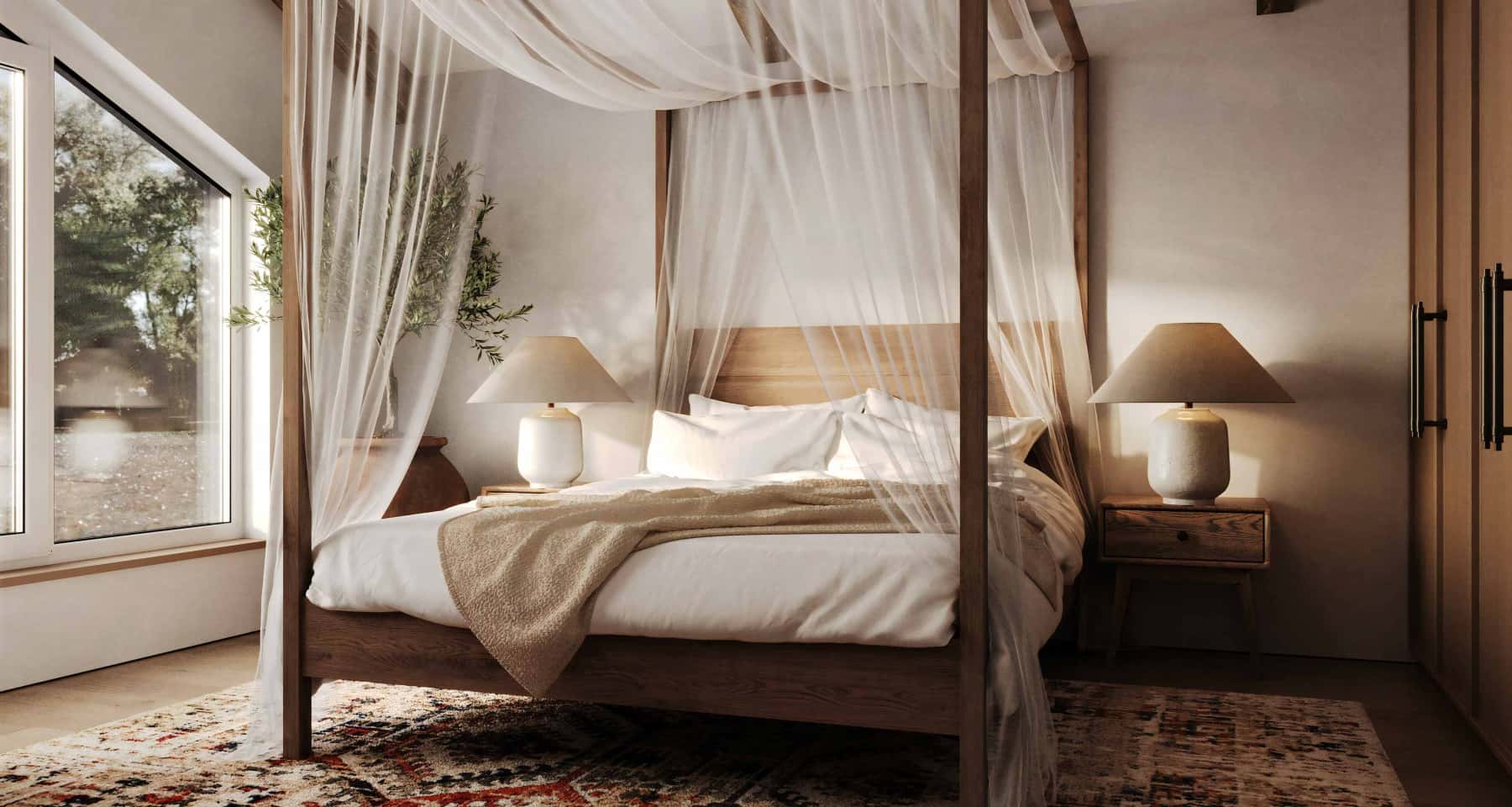 Світла вітальня з панорамними вікнами в сучасному цегляному будинку.