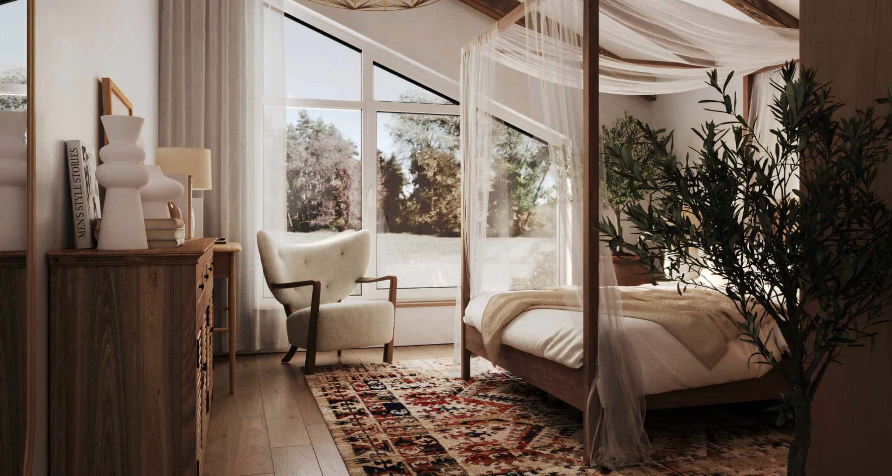 Дизайн інтер'єру цегляного будинку з панорамними вікнами, що підкреслюють сучасний стиль.