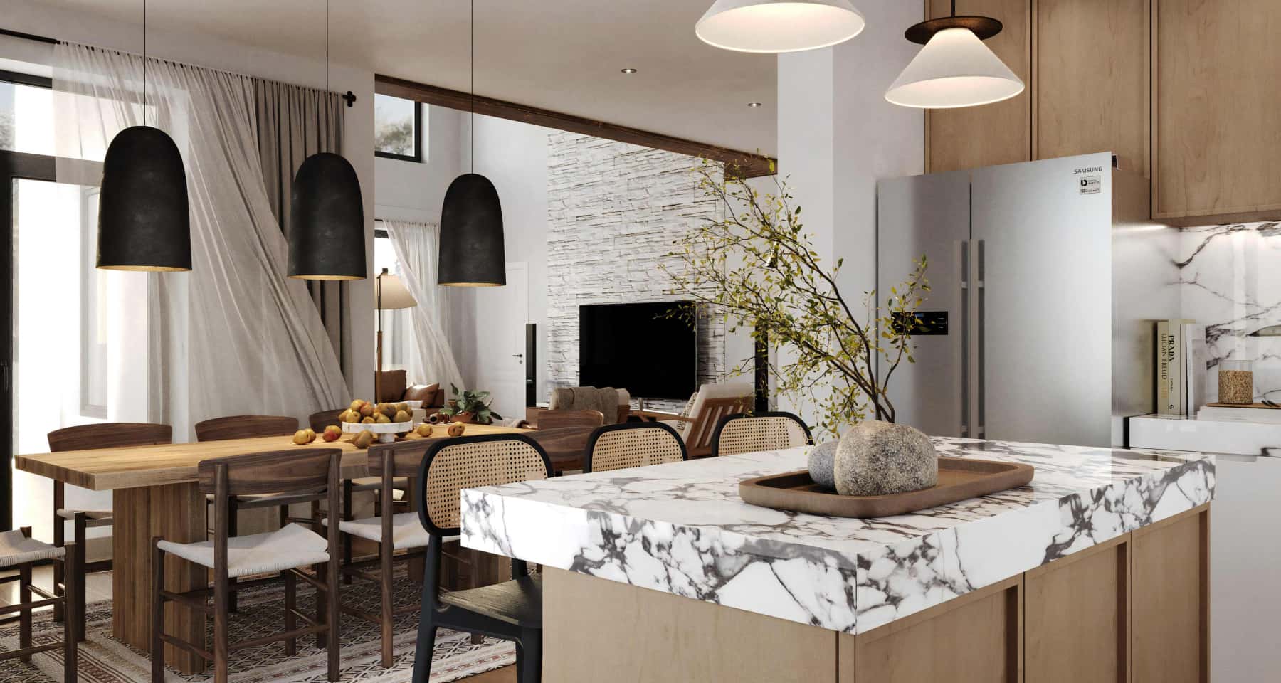 Інтер'єр в еко-стилі з великими панорамними вікнами в цегляному будинку.