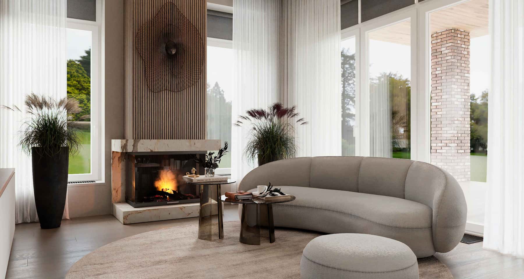 Дизайн цегляного будинку з панорамними вікнами в сучасному стилі.