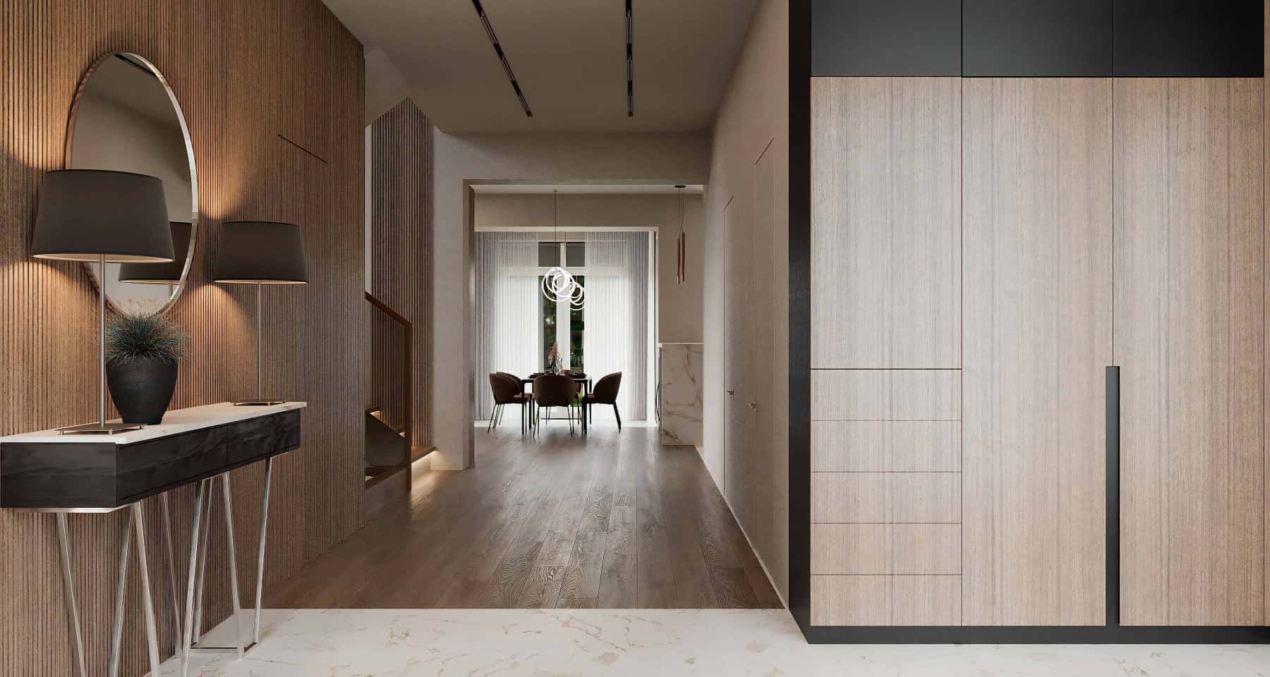 Дизайн будинку з великими панорамними вікнами, що виходять у сад.