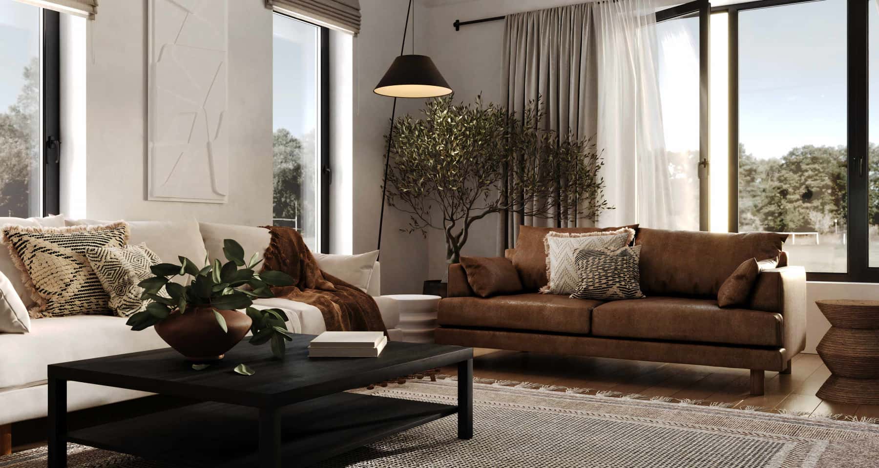 Дизайн інтер'єру з панорамними вікнами, що відкривають чудовий вид на гори.