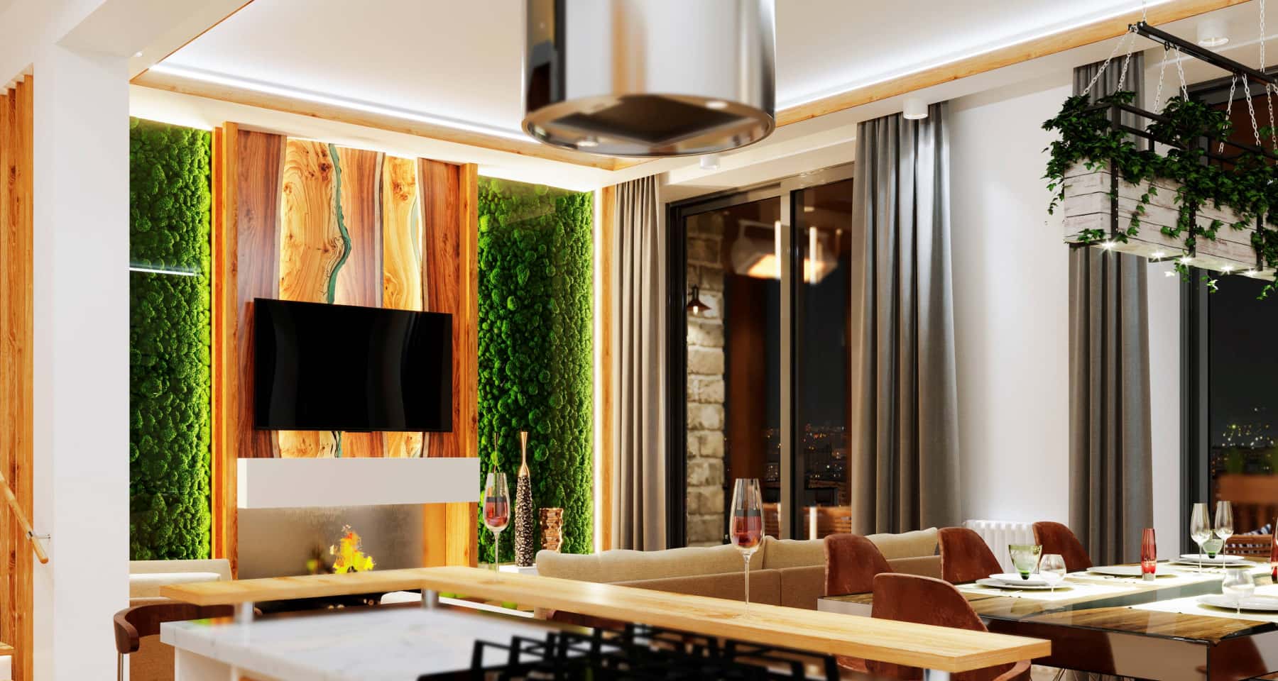 Затишна вітальня Сучасна вітальня з панорамними вікнами та зручними диванами, дизайн 2026.