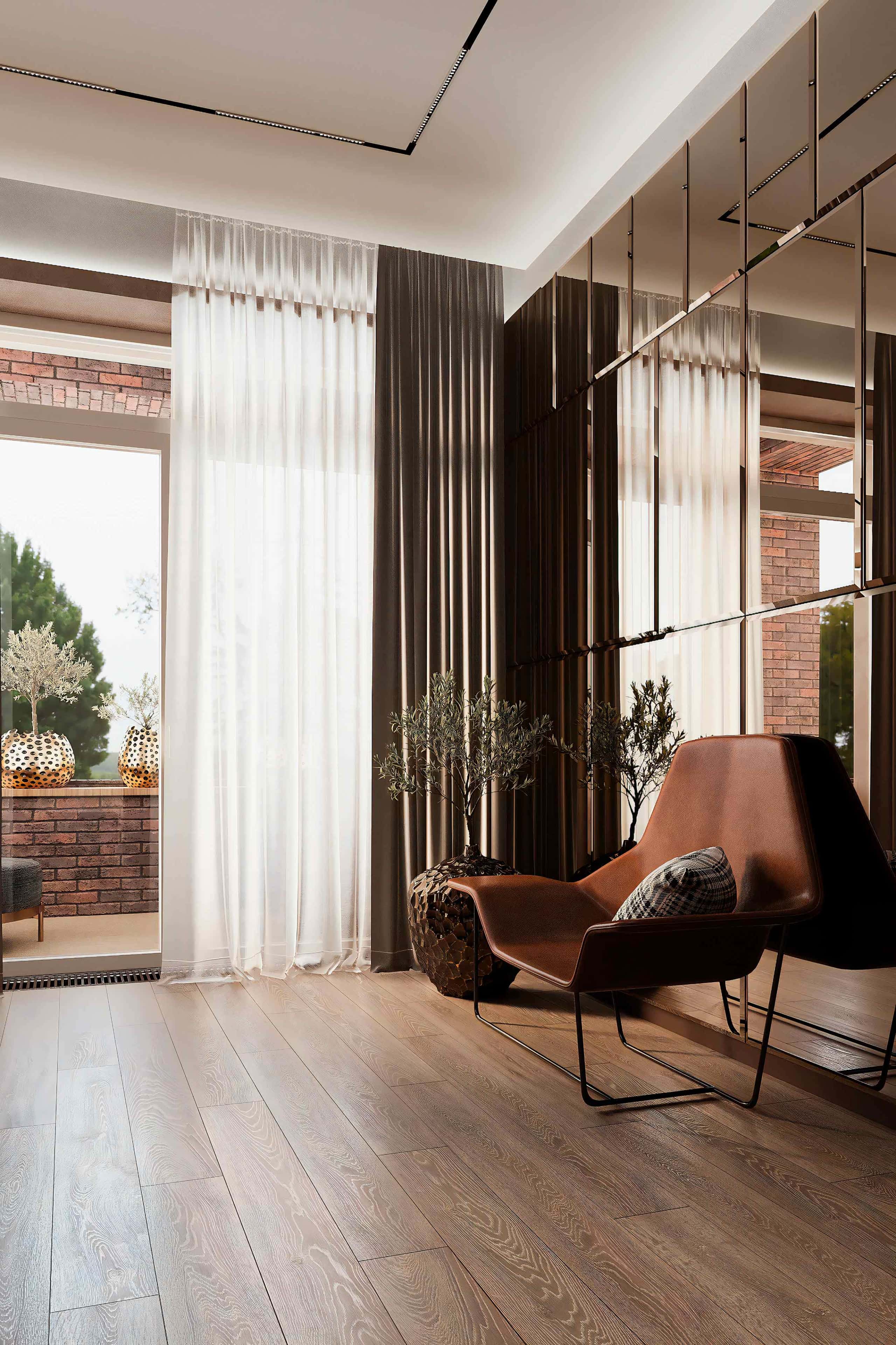 Стильний дизайн інтер'єру з панорамними вікнами та мінімалістичними меблями.